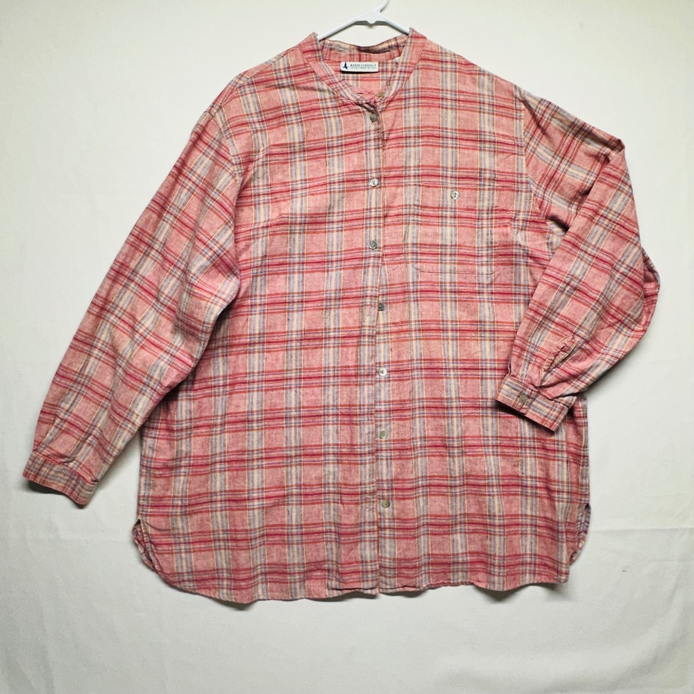 Marsh Landing II Linen Blend Long Sleeve Button Down Plaid Pink Coral Womens 1X